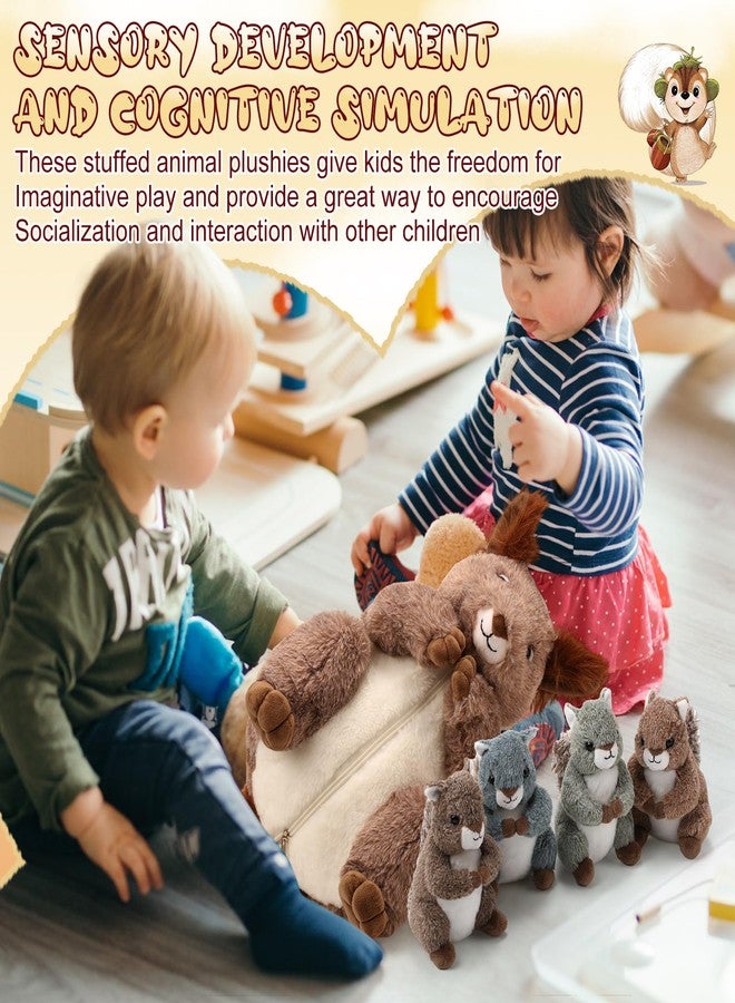 Poen مجموعة حيوانات محشوة على شكل سنجاب من بوين، 5 قطع، سنجاب أم قطيفة بطول 14 بوصة مع 4 سناجب صغيرة لطيفة في بطنها، دمية قطيفة ناعمة ومحببة للأولاد والبنات، هدايا أعياد ميلاد، ديكورات حفلات عيد الميلاد المستوحاة من الغابة. - Image 4